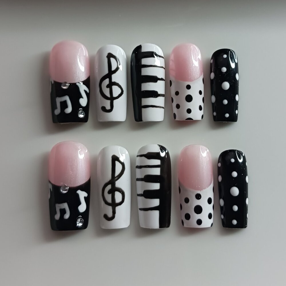 Black and White Piano Music Notes Design with Polka Dots Handmade Press on Nails